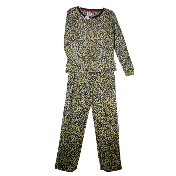 PJ Essentials Cheetah Two Piece Pajama Set Medium Fleece Lounge Pants Soft Warm - Picture 1 of 12